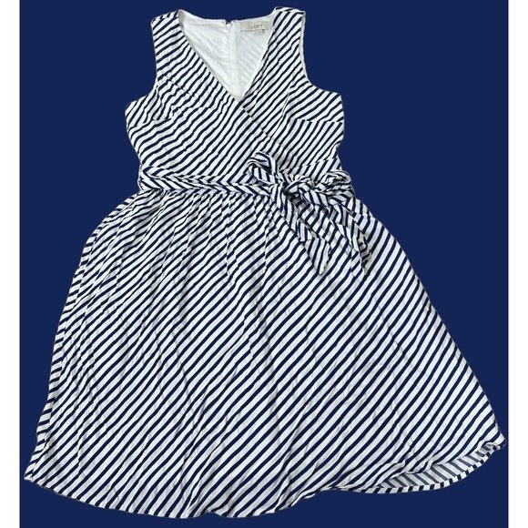 LOFT Dresses Loft Sailor Blue White Stripe Faux Wrap Top Fit Flare